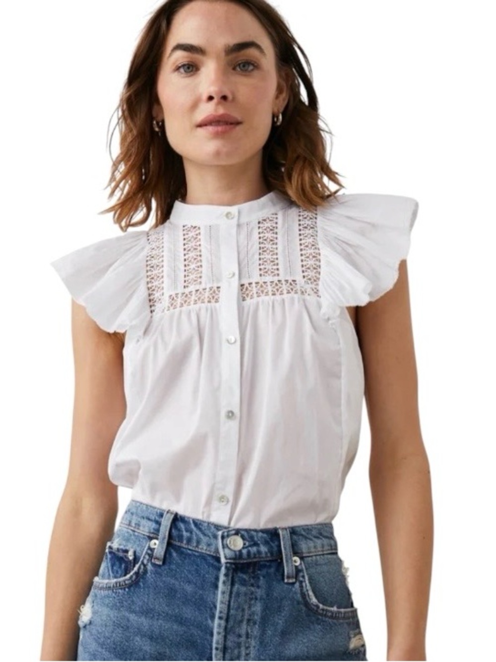 Rails Louella White Cotton Beach White Lace Flutter Sleeves Top Size L